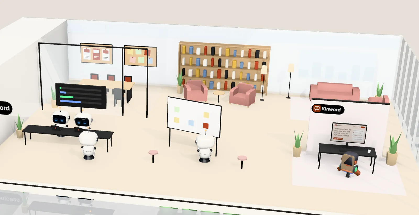 Kinword’s office on floor 29 of Tower 2: the owner’s desk with the website on screen, the agents’ bench, a meeting room and a library